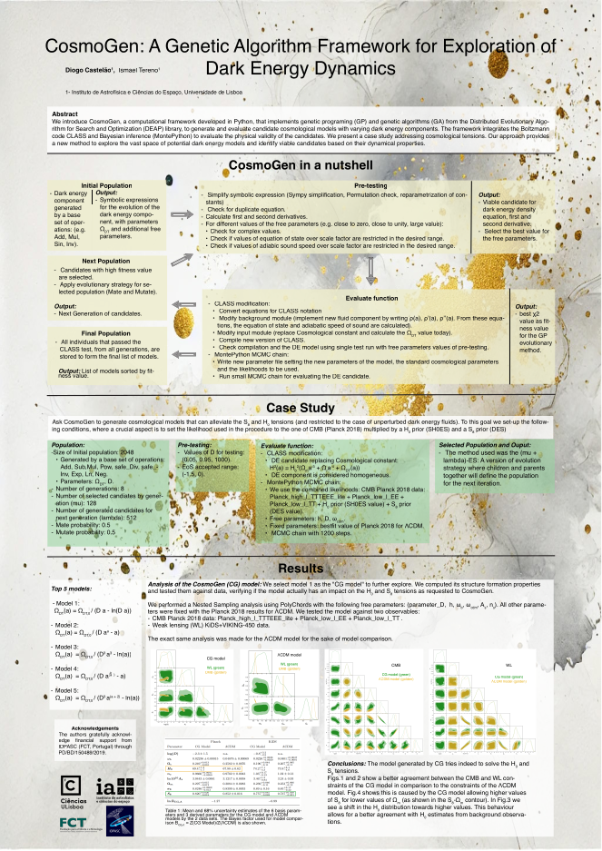 Poster <i>CosmoGen: Genetic Algorithm-Based Exploration of Dark Energy Dynamics</i> by D. Castelão